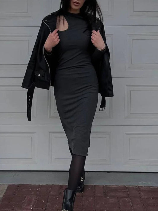 FashionSierra - Cut Out For Women Elegant Fashion O-neck Sleeve Autumn Winter Solid Casual Midi Dress