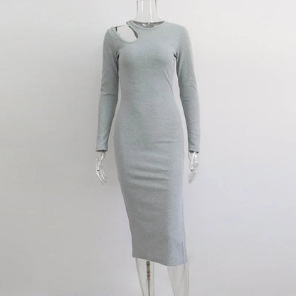 FashionSierra - Cut Out For Women Elegant Fashion O-neck Sleeve Autumn Winter Solid Casual Midi Dress