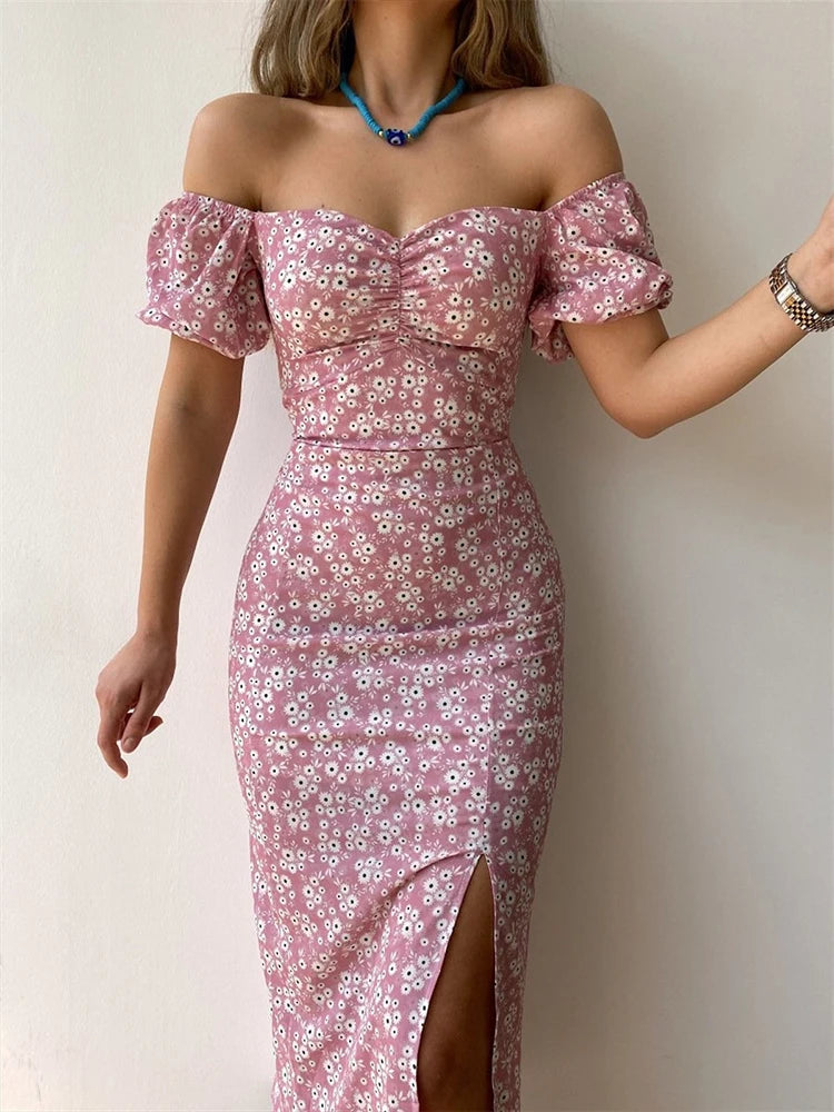 CUPSHE Women's Off-Shoulder Ruffle Maxi Dress - Floral Backless Summer Beach Dress With Slit Hem (Yellow)