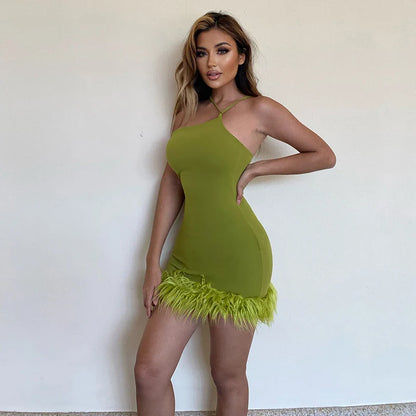 FashionSierra - Green Short Cocktail Crepe Feather One Stripe Shoulder Mermaid Backless Prom Homecoming Gowns Clubwear Mini Dress