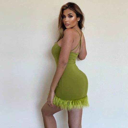 FashionSierra - Green Short Cocktail Crepe Feather One Stripe Shoulder Mermaid Backless Prom Homecoming Gowns Clubwear Mini Dress