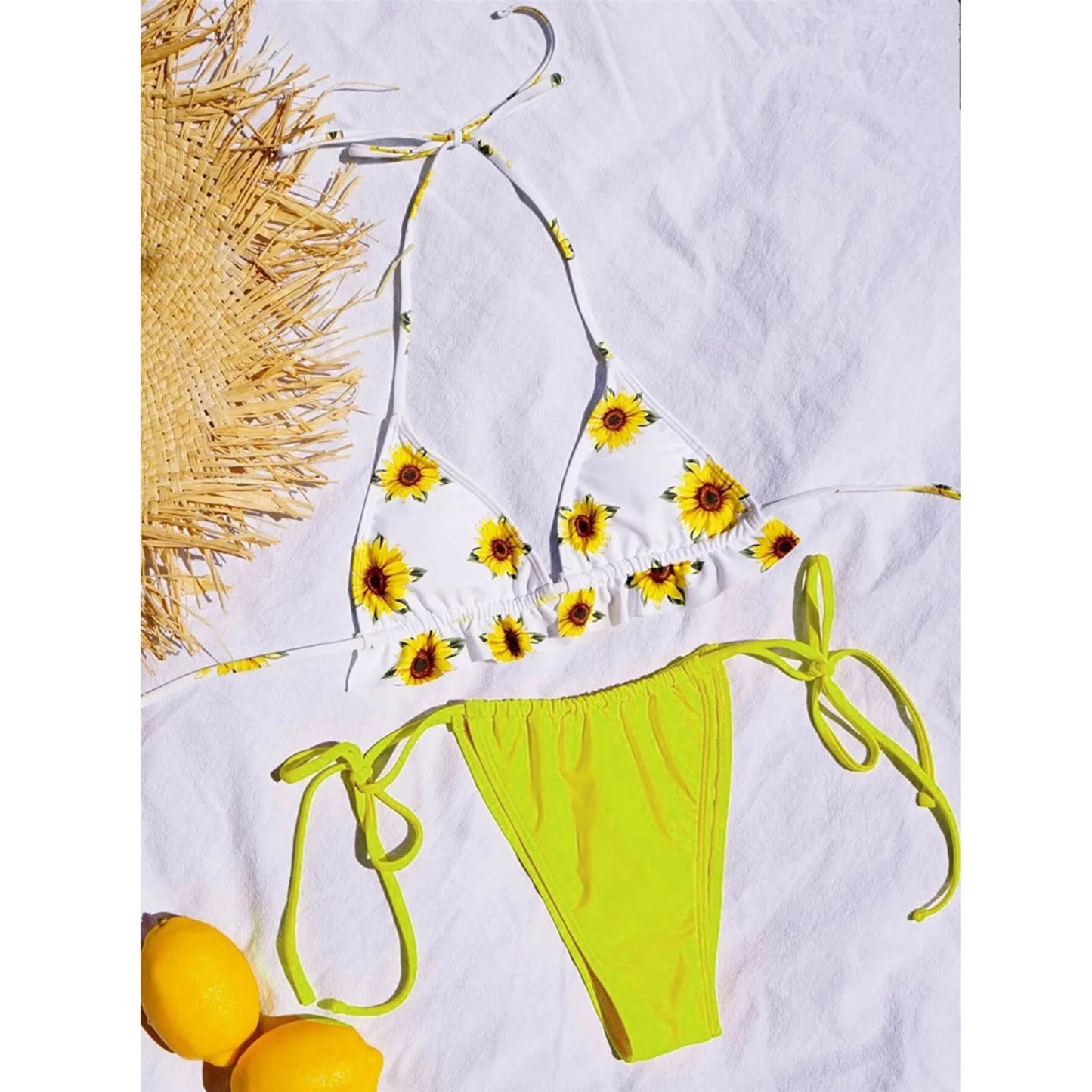 Sexy Halter Neck Sunflower Print Lace Up Beachwear Swimming Bathing Suit Bikini Sets