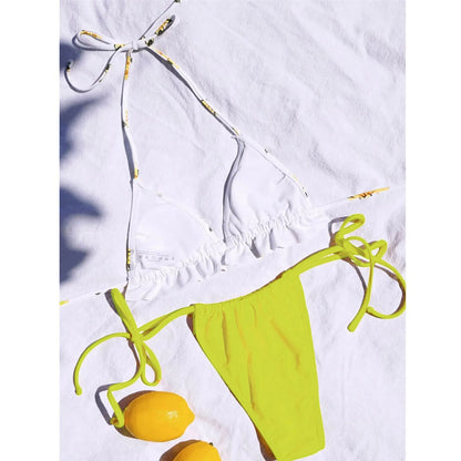 Sexy Halter Neck Sunflower Print Lace Up Beachwear Swimming Bathing Suit Bikini Sets