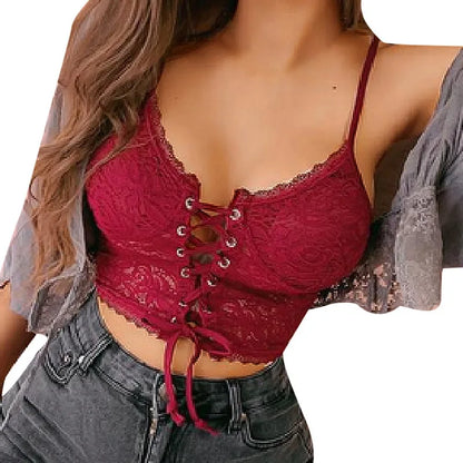 FashionSierra - Lace Up Hollow Out Spaghetti Strap Slim Push Up French Elegant Crop Tops