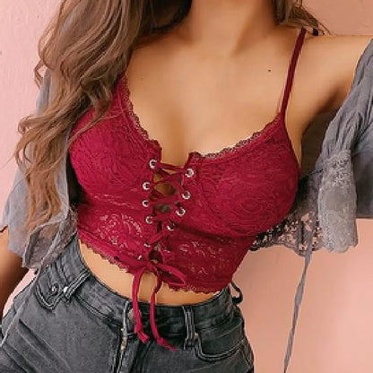 FashionSierra - Lace Up Hollow Out Spaghetti Strap Slim Push Up French Elegant Crop Tops