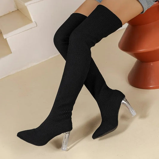 Sexy Pointed Women's High Heel Boots 2024 Autumn New Slim Was Thin Black Over The Knee Boots Plus Size 43 Transparent High Heels