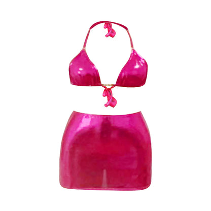 FashionSierra - Shiny Leather Three Pieces Hot Pink Push Up Skirt Swimsuit Bikini Sets
