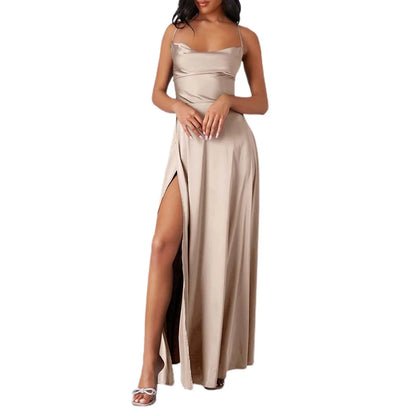 FashionSierra - Spaghetti Straps Satin Maxi High Side Slit Sexy Backless Prom Dress