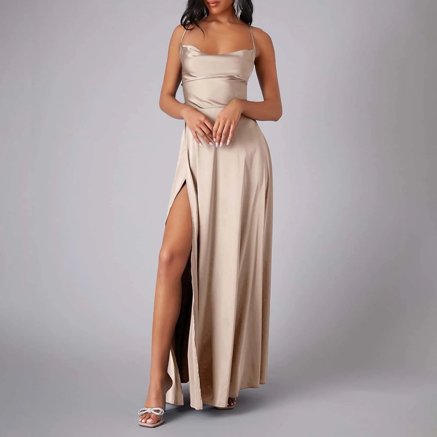 FashionSierra - Spaghetti Straps Satin Maxi High Side Slit Sexy Backless Prom Dress