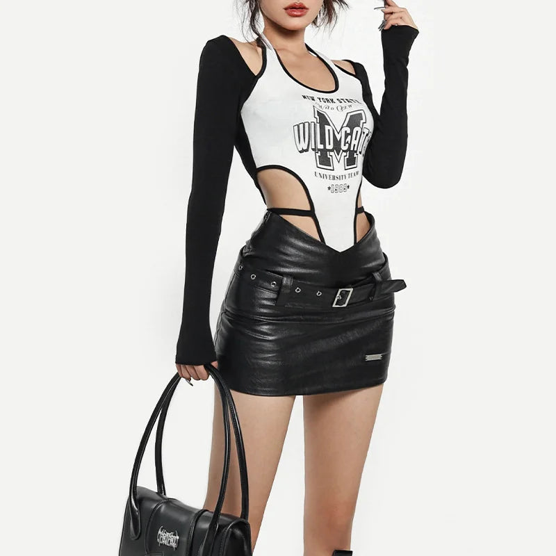 Sexy Tight High-Waist A-Line Mini Skirt with Gothic Belt Bottom