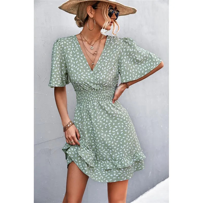 FashionSierra - V Neck For Women Fashion Floral Slim Short Female Lotus Leaf Sleeve Elegant Mini Dress