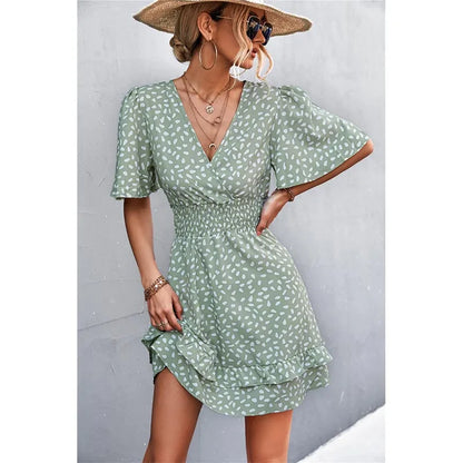 FashionSierra - V Neck For Women Fashion Floral Slim Short Female Lotus Leaf Sleeve Elegant Mini Dress