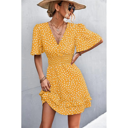 FashionSierra - V Neck For Women Fashion Floral Slim Short Female Lotus Leaf Sleeve Elegant Mini Dress