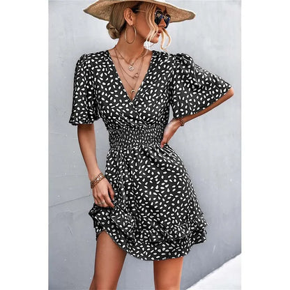 FashionSierra - V Neck For Women Fashion Floral Slim Short Female Lotus Leaf Sleeve Elegant Mini Dress