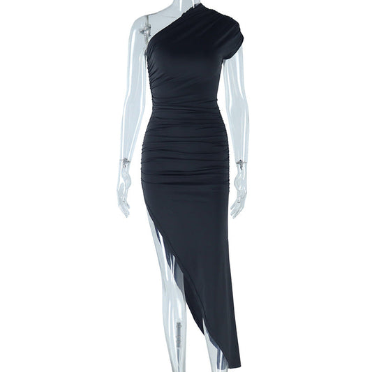 Diagonal Collar Solid Color Dress Stitching Short Sleeve Pleated Pullover Mid Waist Asymmetric