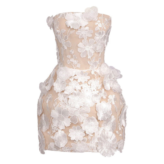 Off Shoulder Tube Top Dress White Bustle Three Dimensional Floral Embroidery Off Shoulder Slim Two Pieces