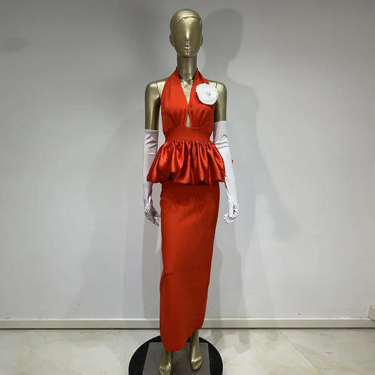 Backless 3D Flower Tight Long Bandage Dress