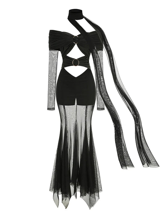 Off The Shoulder Mesh Folded Scarf Maxi Dress