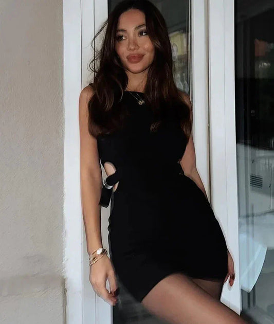 Crop Hollow Waist Black Mini Dress