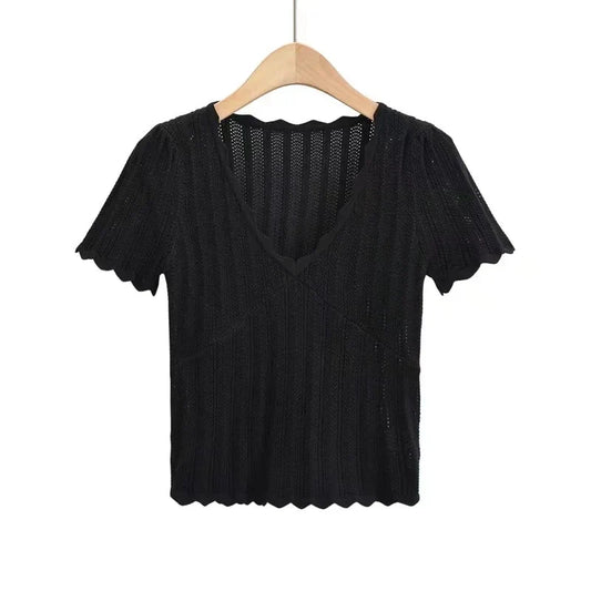 Women V Neck Knitted Crochet Tee