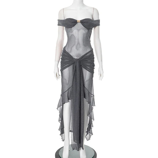Mesh Ruffled Gray Off-shoulder Long Dress