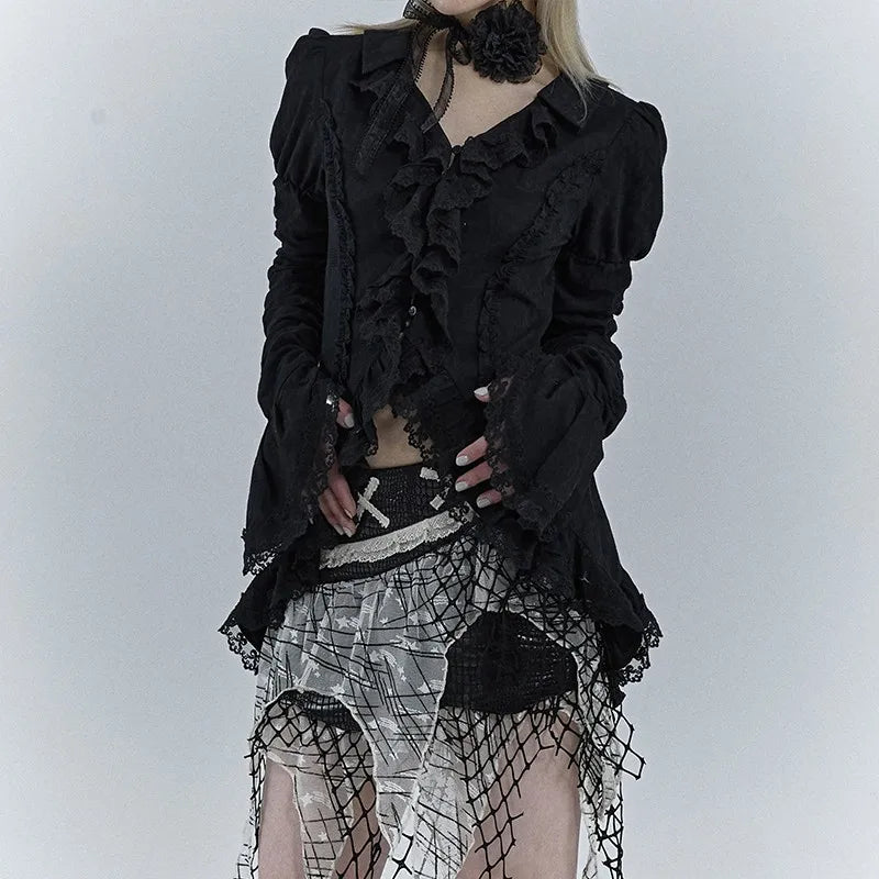 Dark Black Lace Flare Sleeve Shirt