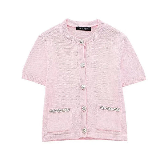 Women's Pink Short Sleeve Rhinestone Cardigan