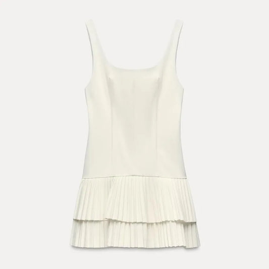 Square Collar Sleeveless Pleated Short Dress