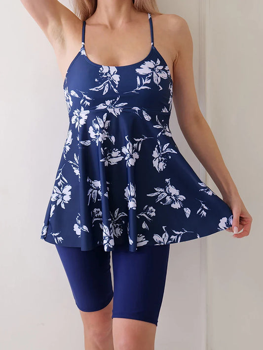 Printed Knee Shorts Tankini Two Piece Set White Floral Blue / S