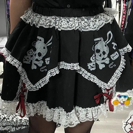 Short Girls Dress Cosplay Subculture Y2k Lace Skeleton Gothic Trend Black High Waist Layered Skirt