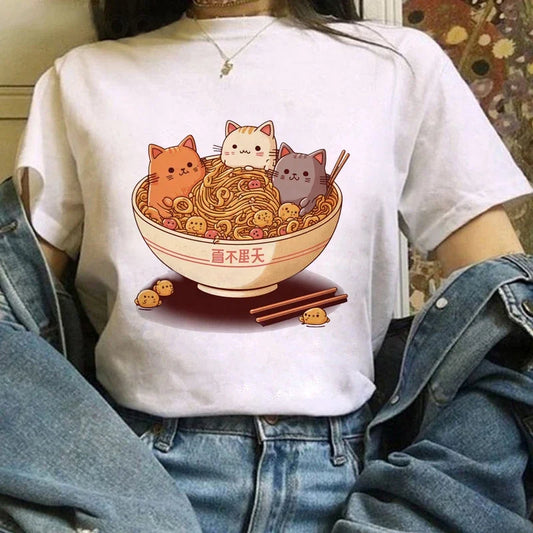 Cartoon Cat Print Women's Summer T-Shirt