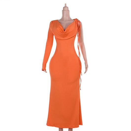 Shoulder Long Sleeve Swing Collar TiedElegant Slim Fit Hip Dress