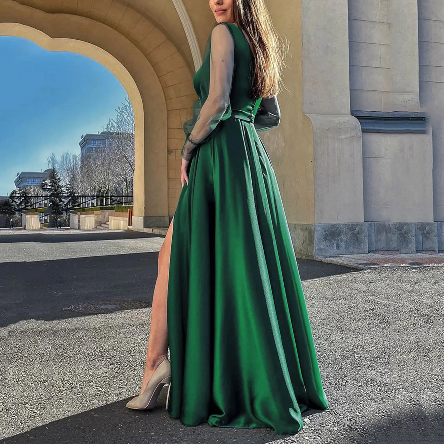 FashionSierra - A-Line High Slit Satin Evening Formal Party Autumn Summer Sexy Bridesmaid For Wedding Dress