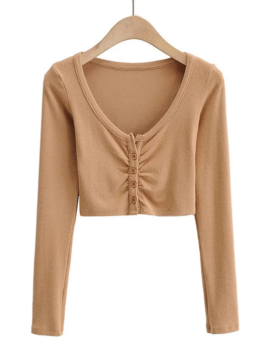 FashionSierra - V-neck Long Sleeve Bottomed High Street Solid Color Open Navel Cardigan Crop Tops