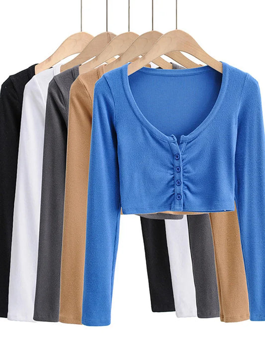 FashionSierra - V-neck Long Sleeve Bottomed High Street Solid Color Open Navel Cardigan Crop Tops