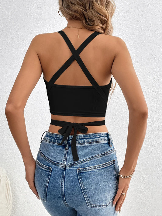 Crisscross Halter Top Back Solid Party Wear Crop Top