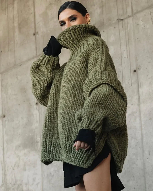 Solid Knit Turtleneck Double Lantern Sleeve Thick Warm Oversized Loose Fall Winter Sweater