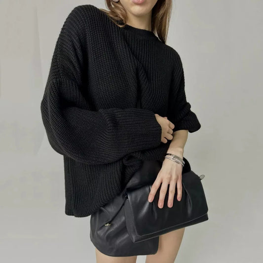 Solid Loose Knitted Pullover Top For Women Fashion O Neck Long Sleeve Oversized Sweater