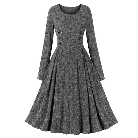 FashionSierra - Solid Ribbed Knitted Round Neck Long Sleeve Retro Vintage Slim Dress