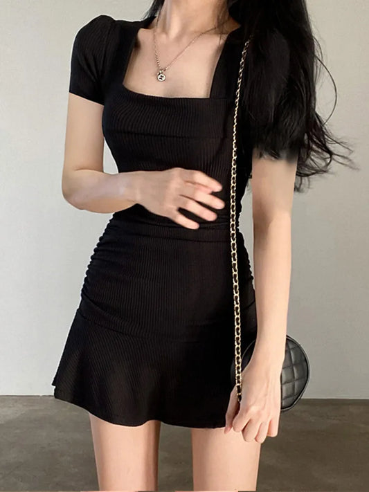 FashionSierra - Ribbed Square Collar Casual Black Short Sleeve Ruffles Patchwork Mini Dress