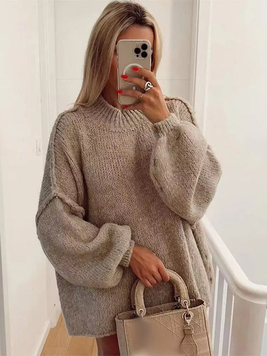 Solid Round Neck Splicing Knitted Pullover Women Basic Warm Long Sleeves Sweater