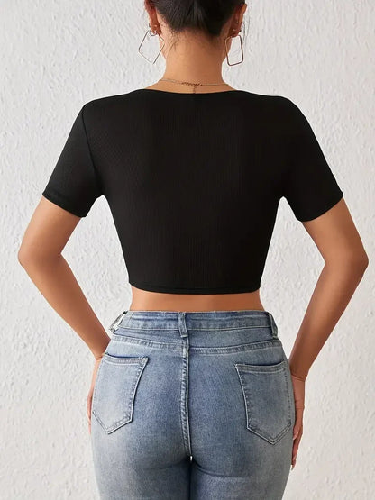 Square Neck Crop T-Shirt, Y2K Sexy Short Sleeve Spring & Summer Crop Top
