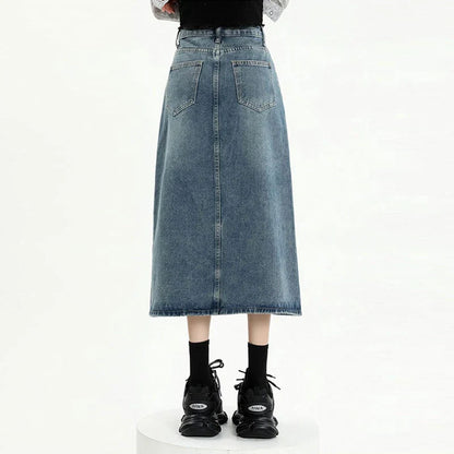 Spring Fall 2024 New High-Waisted Thin Short Skirt Retro Blue Medium-Length Skirt Jeans