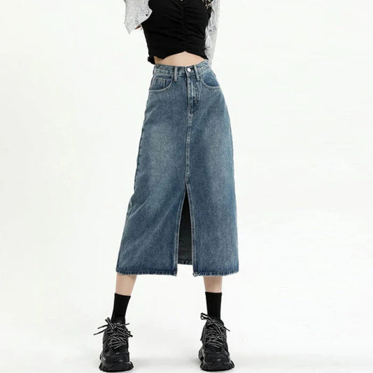 Spring Fall 2024 New High-Waisted Thin Short Skirt Retro Blue Medium-Length Skirt Jeans