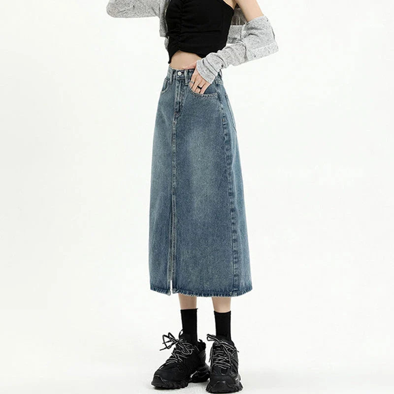 Spring Fall 2024 New High-Waisted Thin Short Skirt Retro Blue Medium-Length Skirt Jeans