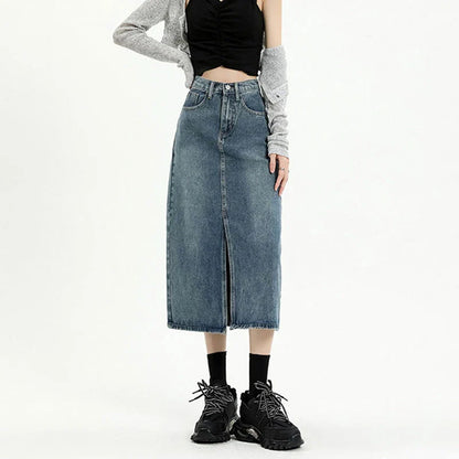 Spring Fall 2024 New High-Waisted Thin Short Skirt Retro Blue Medium-Length Skirt Jeans