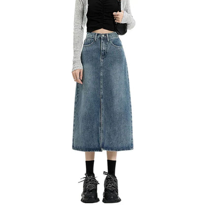 Spring Fall 2024 New High-Waisted Thin Short Skirt Retro Blue Medium-Length Skirt Jeans