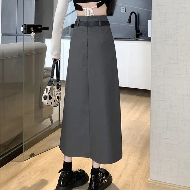 Spring Autumn Fashion High Waist A-line Pleated Womens Black Casual Suit LadiesTtemperament A-line Long Skirt