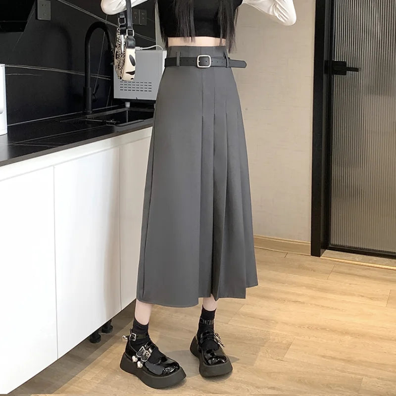 Spring Autumn Fashion High Waist A-line Pleated Womens Black Casual Suit LadiesTtemperament A-line Long Skirt