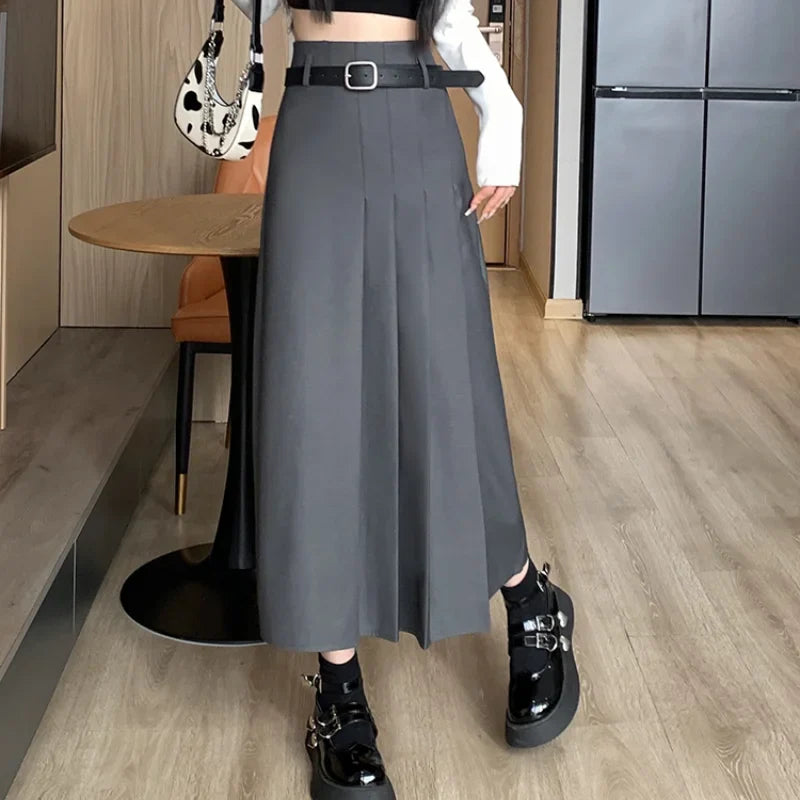 Spring Autumn Fashion High Waist A-line Pleated Womens Black Casual Suit LadiesTtemperament A-line Long Skirt